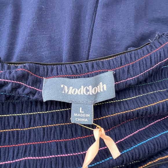 New Modcloth Navy Knit Multicolor Smocked Rainbow Jumpsuite Large‎ - Picture 6 of 8